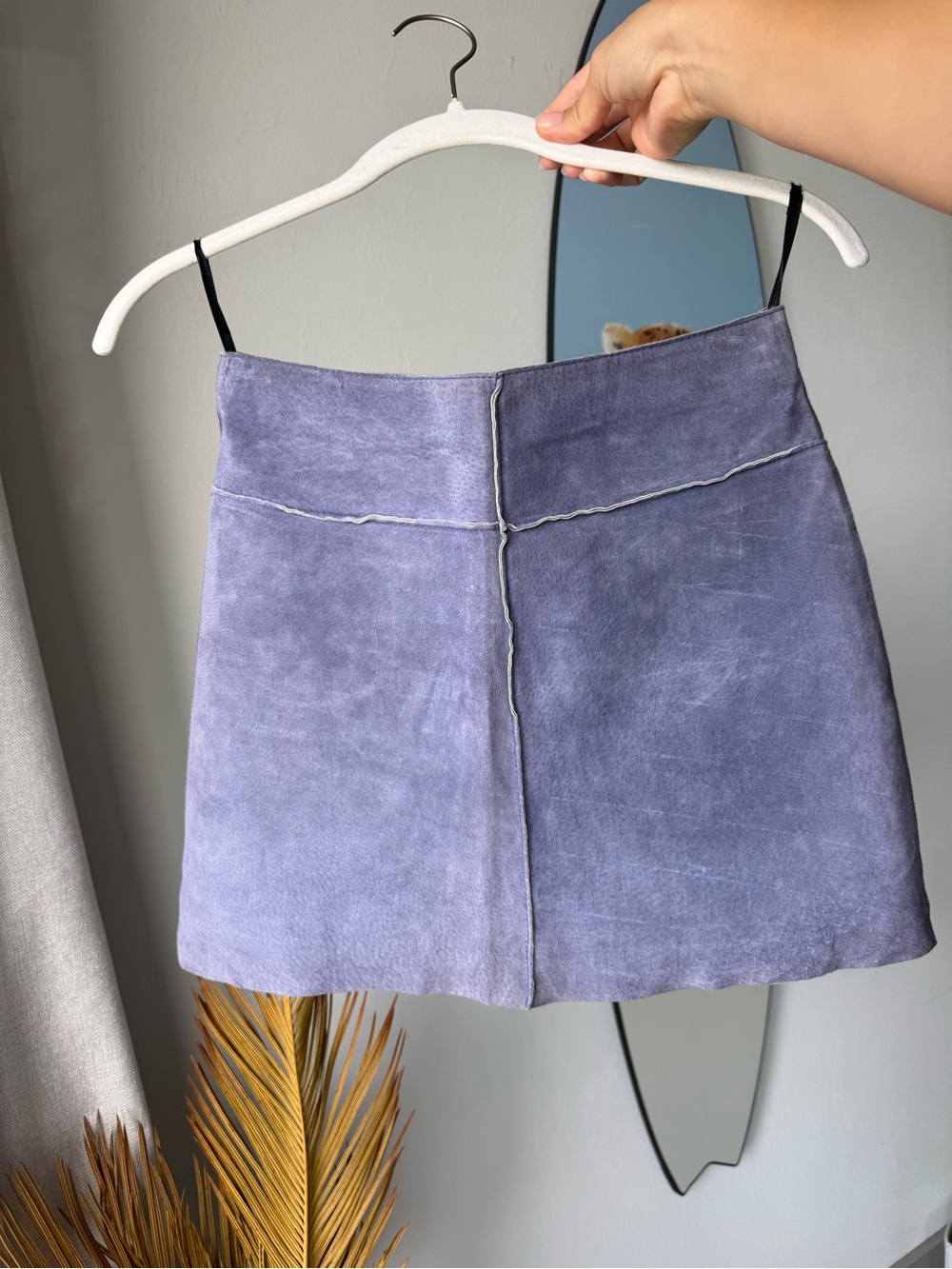Vintage Bebe Genuine Suede Leather Mini Skirt Periwinkle Blue Raw Edge 90s Y2K